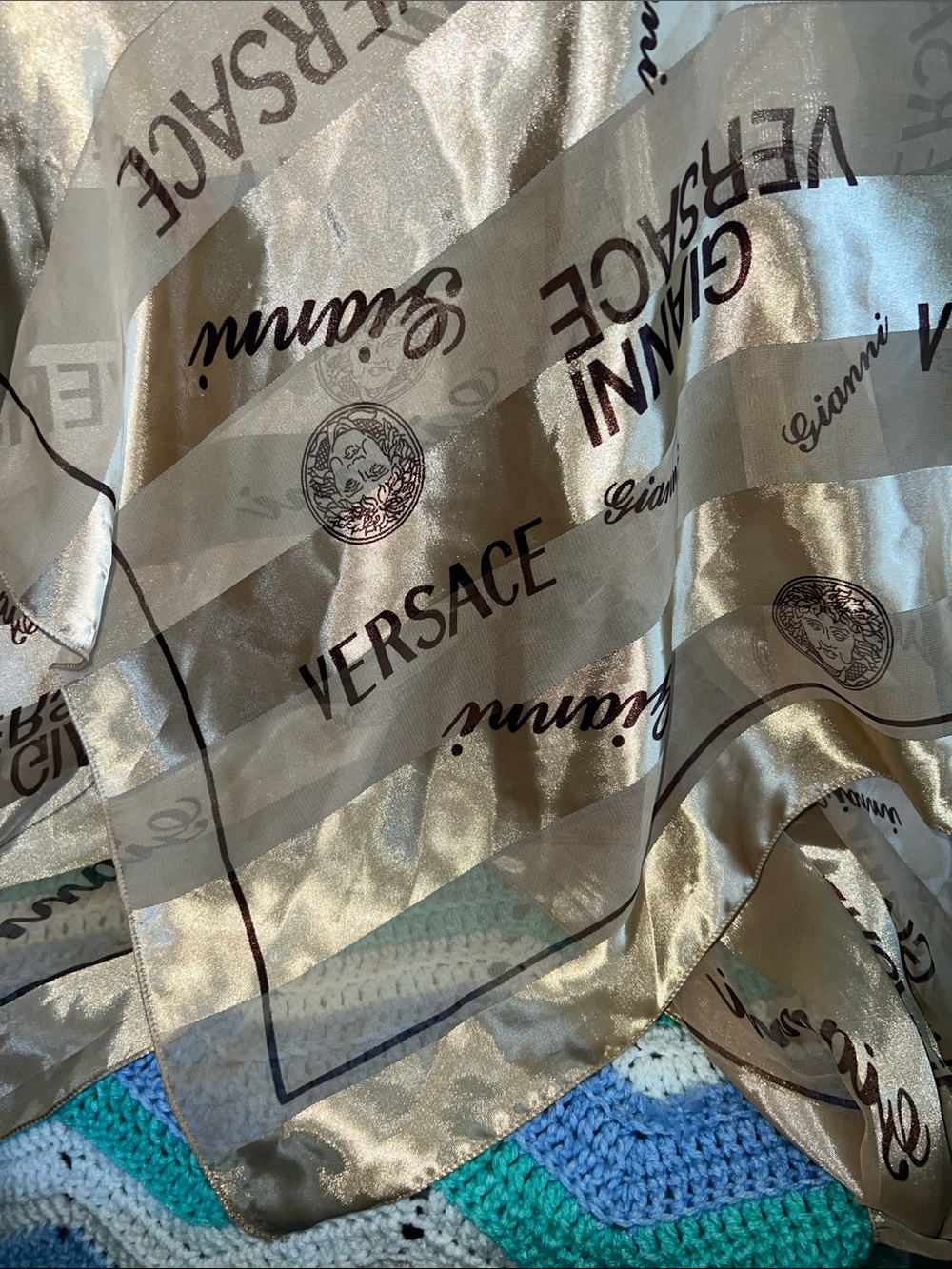 Versace Champagne and Brown Logo Silk Scarf made in in Italy. 🇮🇹
